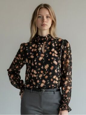 A Love Story Black Floral Roseann Mock Neck Puff Sleeve